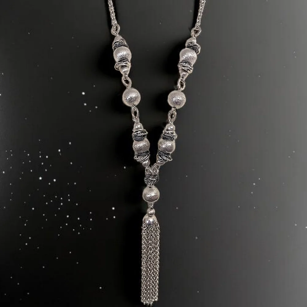 Y Drop Beaded Tassel Chain Necklace Bohemian‎ Western Witchy Silver Tone Gypsy